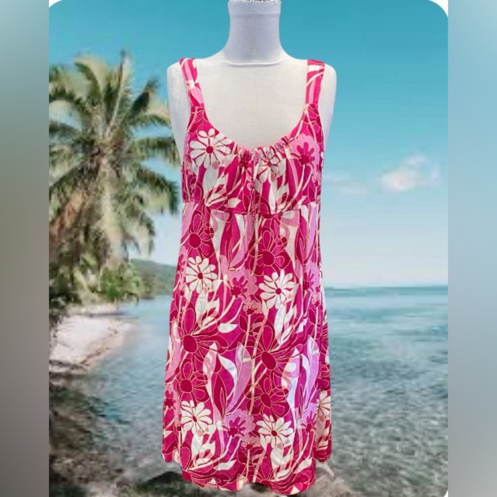 Aloha Hut Pink Floral Hawaiian Mini Dress Tropical L Sleeveless Luau Rayon